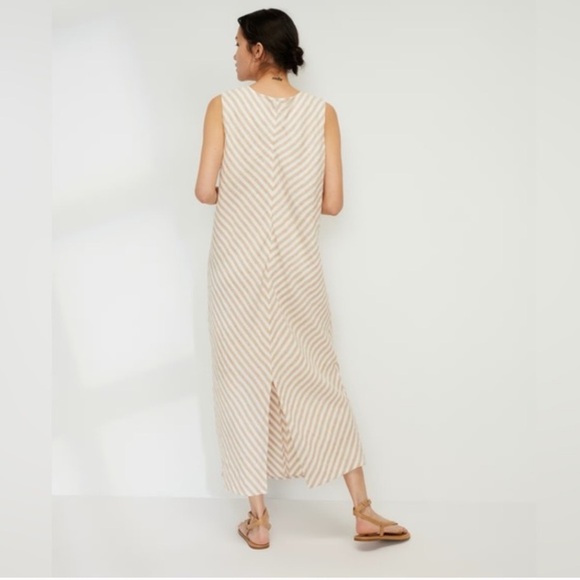 Everlane The Linen Bias Cut Dress Size 8 Striped Bone Caramel Ivory Beige Midi - Picture 2 of 9